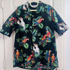 Pacific Legend Tropical Parrot Print Black Shirt